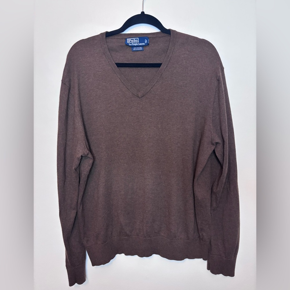 Polo Ralph Lauren Men's V-Neck Sweater Brown Cotton Cashmere Blend Size XL